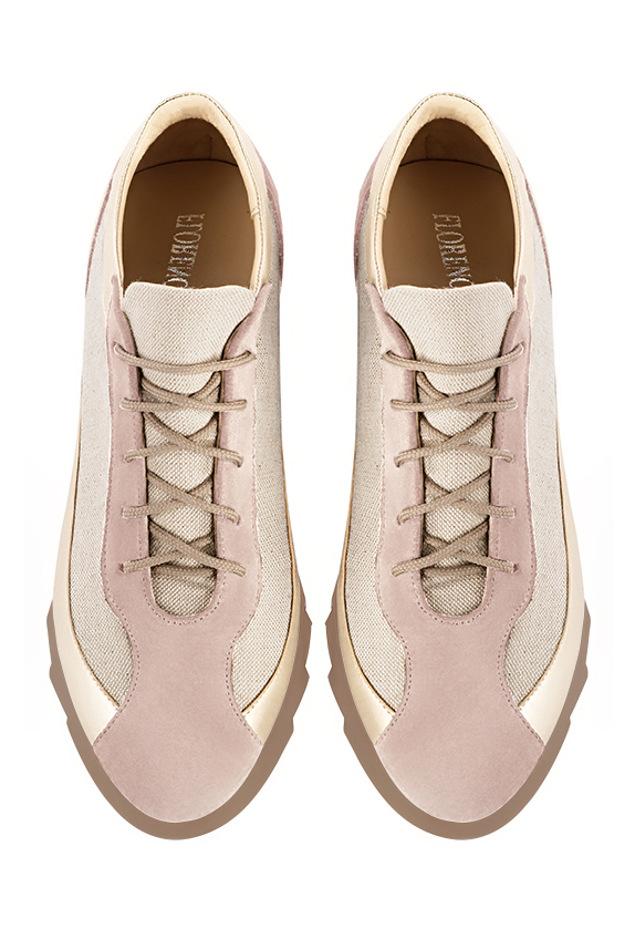 Powder pink and gold women's two-tone elegant sneakers. Round toe. Low rubber soles. Top view - Florence KOOIJMAN